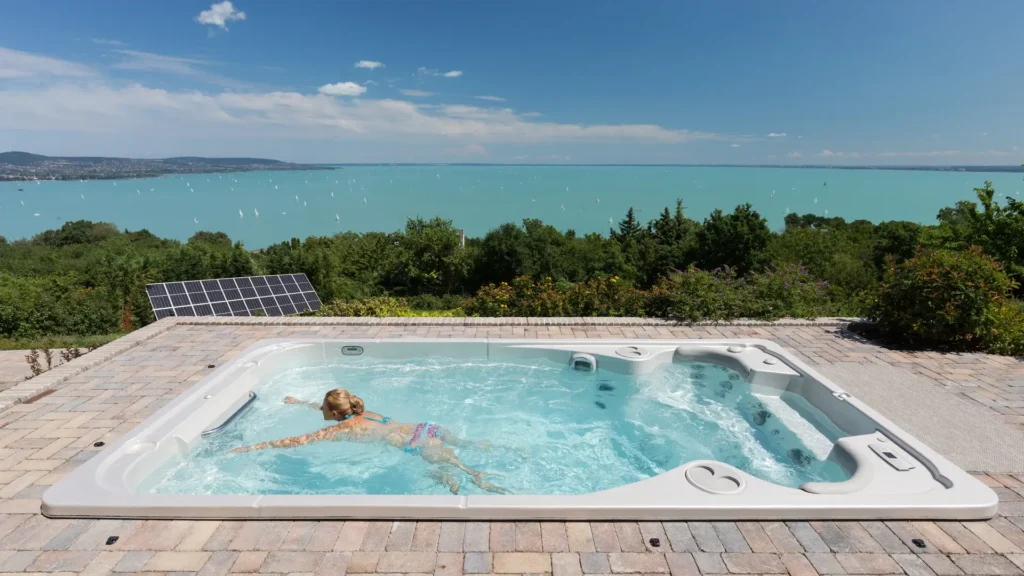 large swim spas - a woman swimming in a swim spa in her backyard
